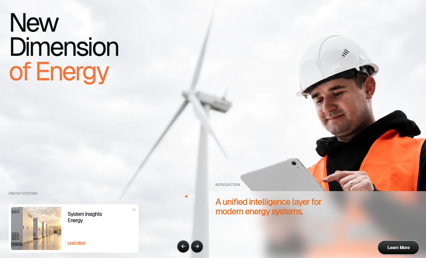 Engineer image with a left-aligned heading, small energy card, introduction arrows, and a frosted text panel