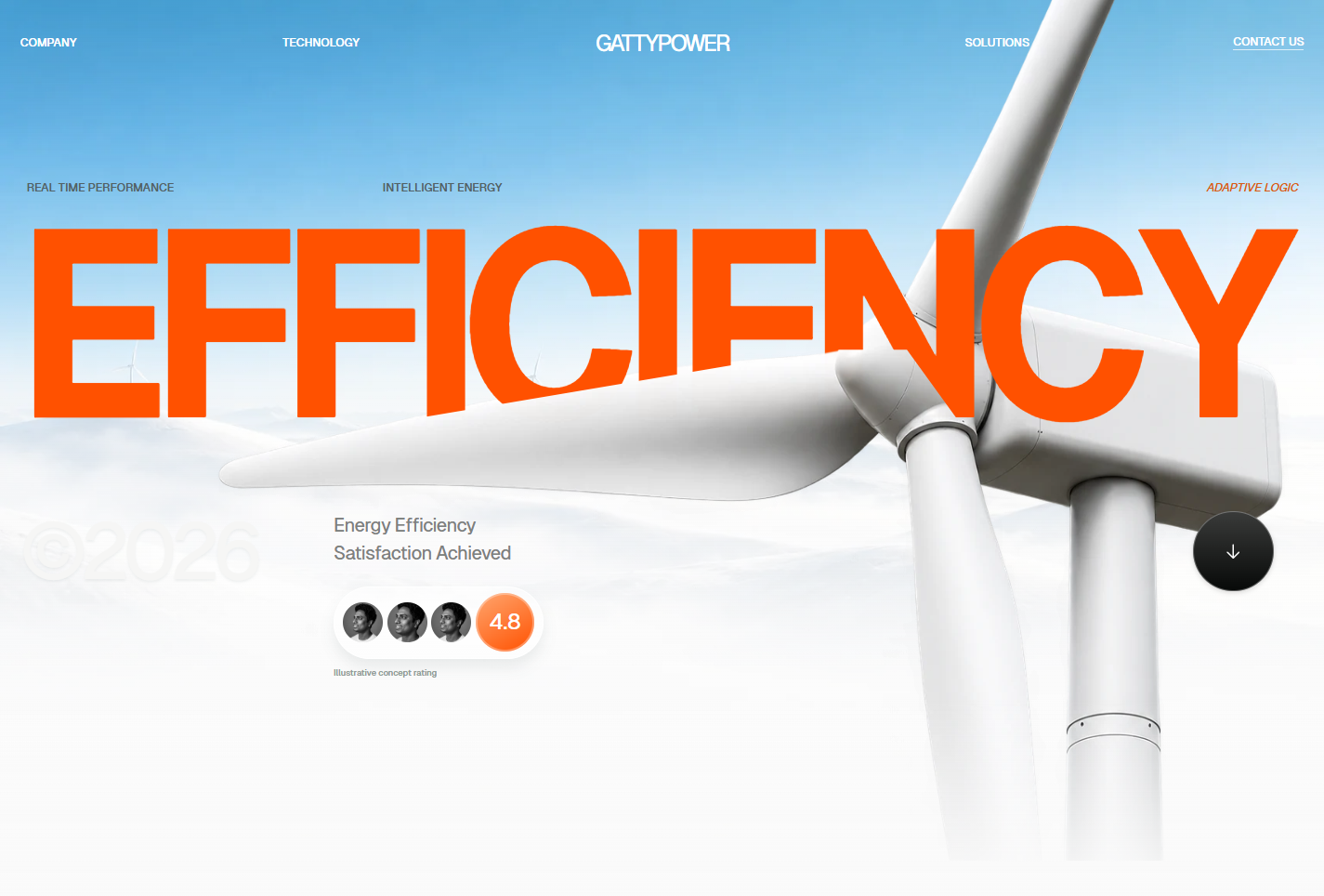 GattyPower hero with a white turbine blade crossing the orange EFFICIENCY headline