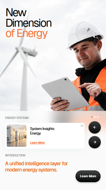 Phone layout with an engineer photograph above a readable system card, large arrows, and introduction text