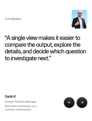 Phone testimonial with a small illustrative portrait, full-width quote, and two large arrow controls