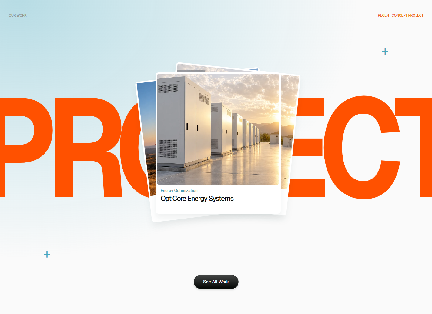 Three overlapping project cards over oversized orange PROJECT lettering